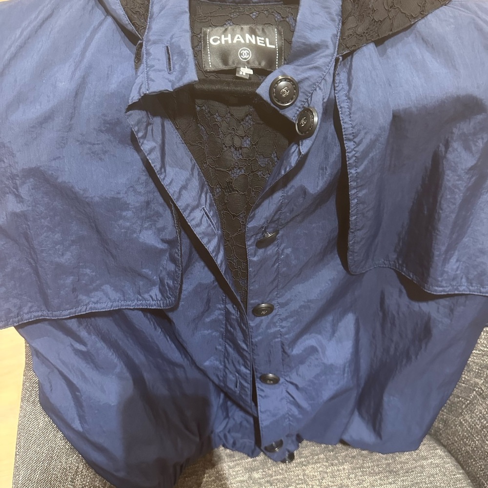 CHANEL Navy Jacket with Black Lace Detail